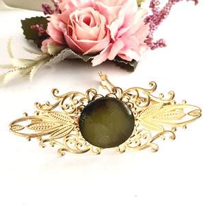 Oversize gold filigree barrette, green gemstone, handmade,high quality large barrette, gold plated, women's barrette clip,high quality