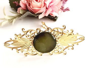Oversize gold filigree barrette, green gemstone, handmade,high quality large barrette, gold plated, women's barrette clip,high quality