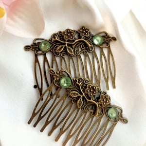 Bronze Blumen Haarkamm-Set, grüne Edelsteine, Vintage Braut Haarkamm-Set