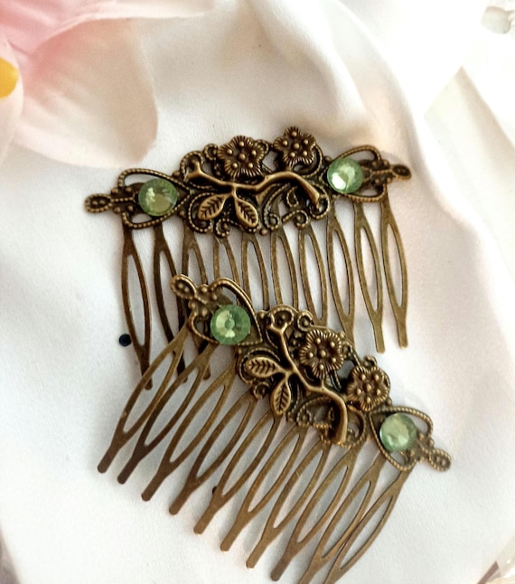 Bronze Floral Hair Comb Set, Green Gemstones, Vintage Bridal 