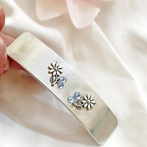 Silver minimalist barrette with beautiful flowers and blue rhinestones, handmade, lrish Barrette clip,non slip, minimal,floral hair barrette