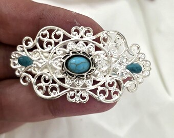 Silver plated small filigree barrette with turquoise stone,antique looked,Victorian, handmade,blue,silver barrette,wedding, prom,anniversary