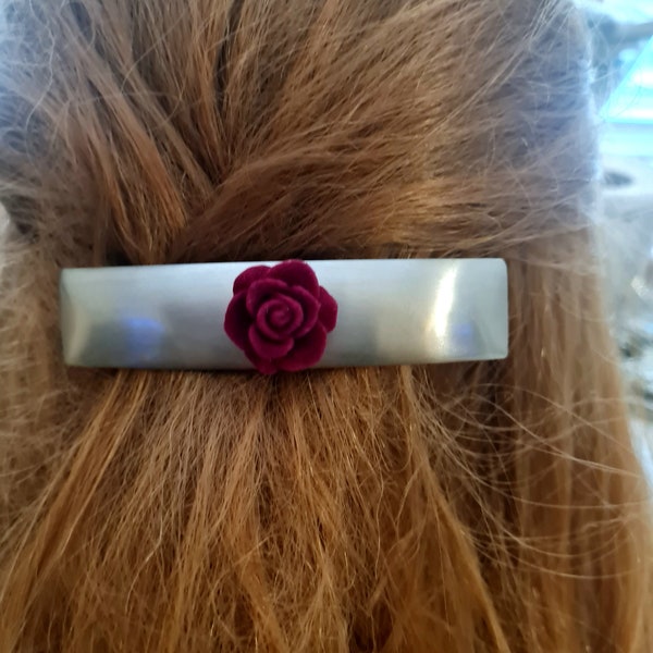 Minimalist silver barrette with red flower, large barrette clip,wedding, prom,handmade barrette, women's, floral, silver and red