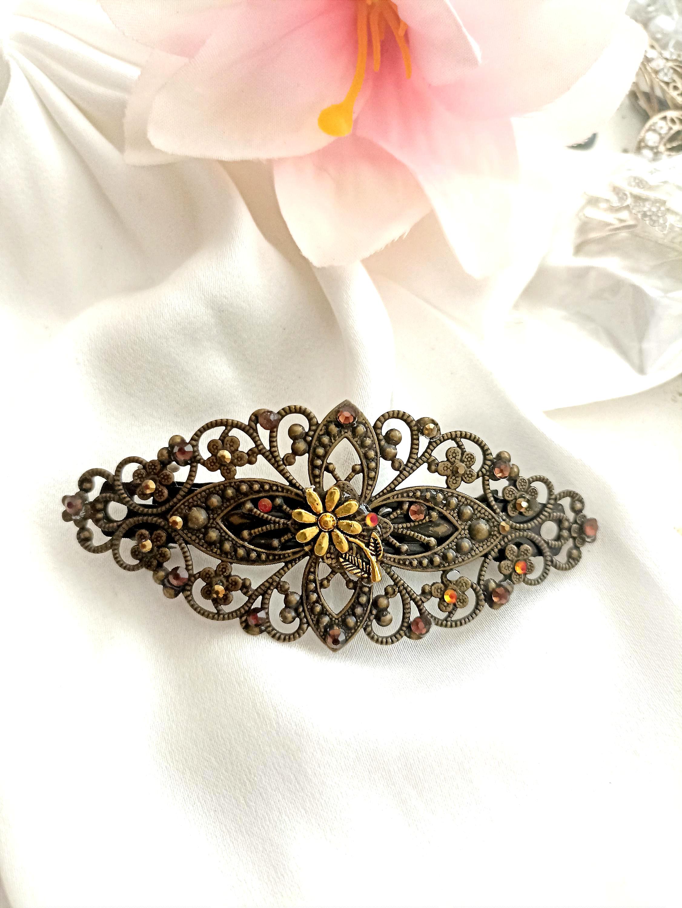 Antique bronze Victorian style filigree barrette with amber coloured gemstones, wedding, sparkly,floral, bridesmaid, vintage inspired, retro
