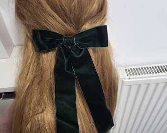 Handmade Deep Green Velvet Long Tail Hair Bow Barrette