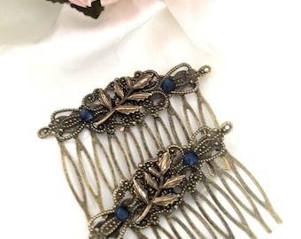 Set of 2 bronze hair comb with leaf,blue gemstones, vintage inspired, Victorian style, brown,handmade, retro style,wedding, prom,anniversary