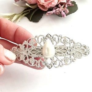Silver plated filigree hair barrette, handmade, white gemstone, wedding, retro, vintage inspired, high quality,bridesmaid,filigree barrette