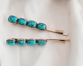 2 x blue stoned hair clip.Blue beaded, Boho, Natural stone. Blue Hair clip set.Metal hair slide.Vintage inspired hairpins