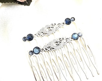 Celtic Silver Hair Comb Set, light Blue Rhinestone, Handmade