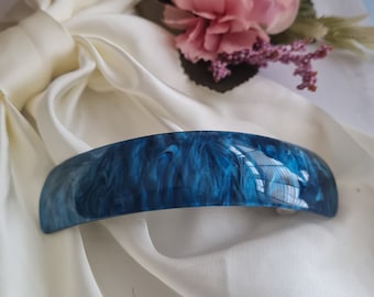 Blue curved barrette, vintage style, cobalt blue, resin,marble, arched barrette clip, women's French barrette