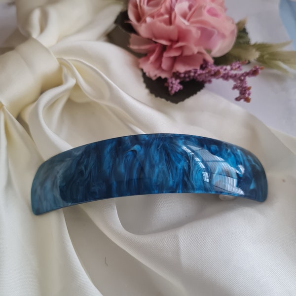 Blue curved barrette, vintage style, cobalt blue, resin,marble, arched barrette clip, women's French barrette