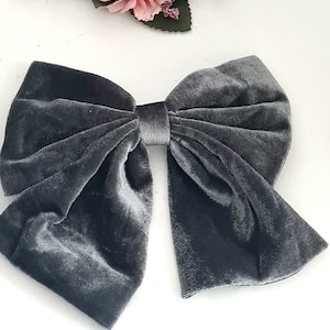 Dark grey silver oversize bow, velvet, high quality hair bow, Christmas, large bow barrette,  women's bow barrette