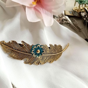 Ancient bronze leaf shaped barrette, blue gemstone, handmade, vintage inspired, antique look,retro, leaf barrette clip,floral, high quality