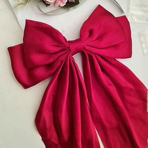 Promotion!Oversize red bow barrette,Satin hair bow,long tail, Sateen hair barrette.Bow hair scrunchie.Oversize bow,Silky bow clip
