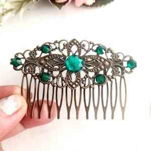 Emerald rhinestones Antique bronze vintage inspired hair comb,wedding,retro sparkling,bridesmaid,wedding guest,handmade filigree hair comb