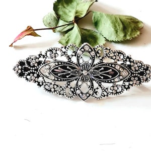 Silver filigree hair barrette. Baroque barrette clip.Filigree hairpin. Metal French barrette. Strong hair clip.Rhinestones barrette clip