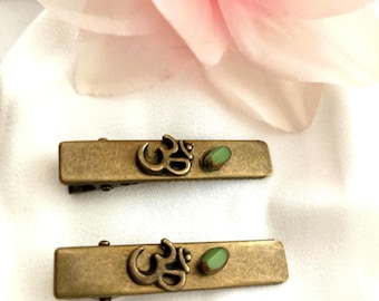 Set of 2 bronze alligator hair clip with green gemstones,retro style,vintage inspired handmade, Celtic hair slide, bronze side clip, spiral
