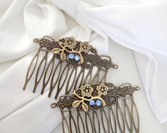 Set of 2 bronze floral hair comb with turquoise blue gemstones, Edvardian style, vintage inspired hair comb,leaves, flowers hair comb