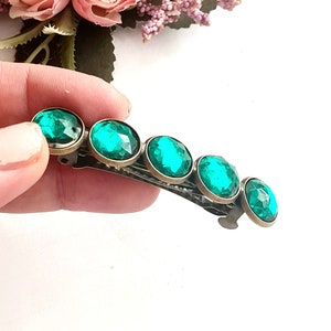 Ancient bronze and emerald green crystal hair barrette, antique look,Art deco, green and bronze, handmade, lightweight, gift for her