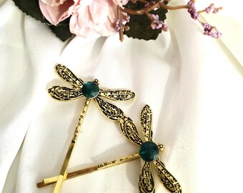 Pack of 2 antique gold dragonfly hair clips with green gemstones, large,handmade, sparkling, vintage inspired, butterflies, prom,side clip