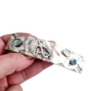 Large silver minimalist barrette,hammered barrette, blue natural stone,blue crystal,glossy, Celtic, handmade,antique barrette,thick hair