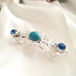 Silver plated small filigree barrette, blue crystal, turquoise stone,wedding, handmade, sparkle barrette, sapphire blue,vintage inspired