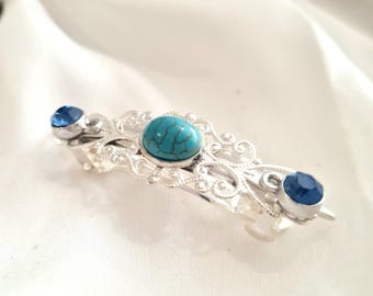 Silver plated small filigree barrette, blue crystal, turquoise stone,wedding, handmade, sparkle barrette, sapphire blue,vintage inspired