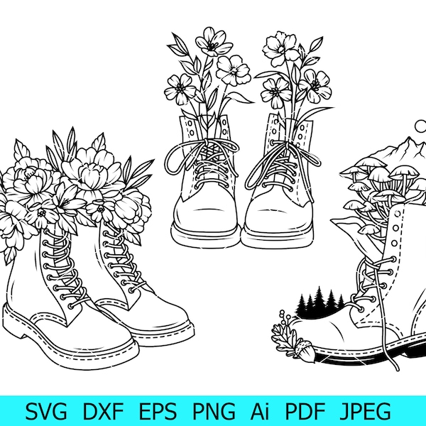 Floral Boots Svg, Boho Design Svg, Floral Cowgirl Boots Png, Boots Svg, Wild Flowers Svg, Digital Download, Silhouette, Floral Boots Bundle