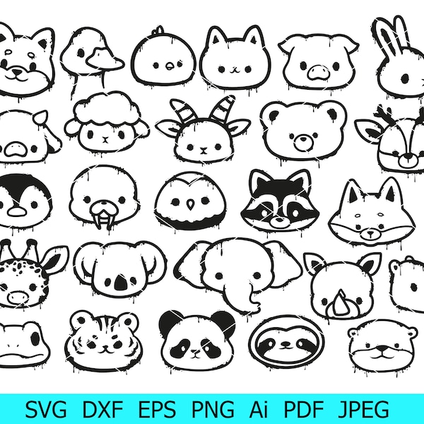 Animal Faces Svg,Farm/Woodland/Safari Animal Faces Svg,Animal Portrait Png,Cute Faces Animal Svg, Cow/Giraffe/Elephant/Duck/Penguin/Deer Png