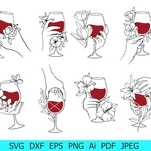 Glas wijn Svg, alcohol Svg-bundel, wijnproeverij Png, wijn drinken illustraties, hand met wijnglas Svg, bloemenglas Svg, bloemen Cricut