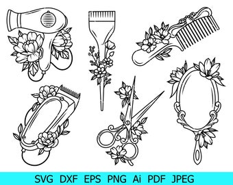 Hair Stylist Svg, Hairdresser Svg, Floral Scissors Svg, Hair Salon Svg,  Blow Dryer Png, Floral Mirror Svg, Instant Download, Cricut