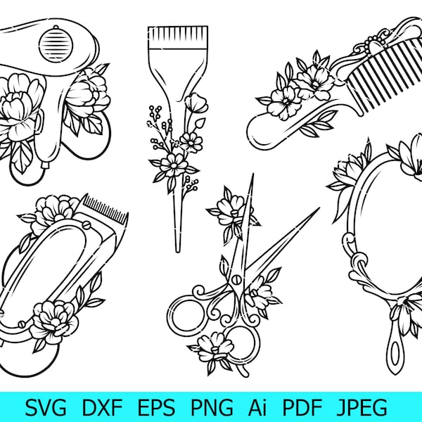 Coiffeur SVG, Coiffeur SVG, Ciseaux floraux SVG, Salon de coiffure SVG, Sèche-cheveux Png, Miroir floral SVG, Téléchargement instantané, Cricut