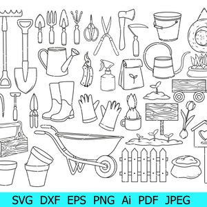 Herramientas de jardinería svg, paquete de sublimación de jardinería, imágenes prediseñadas de jardinería, flores svg, jardinería png, archivos de corte de jardinería, silueta de jardinería