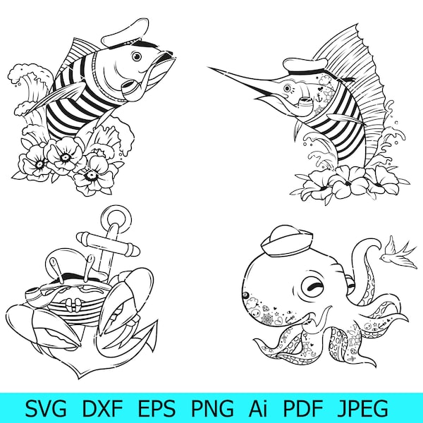 Сrab Svg, Octopus Svg, Fish With Smoking Pipe Svg, Sea Inhabitants Bundle, Ocean File For Cricut, Animals Svg Silhouette, Fish Png, Cut File