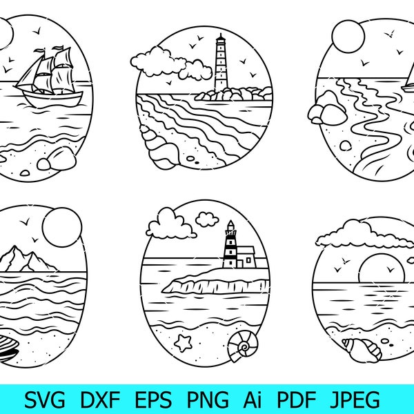 Marine Landscape Svg, Walk On The Sea Svg, Sunset Beach Png, Lighthouse Ship Palm Sunset Waves Sun Beach Shore View Seaside Svg Silhouette