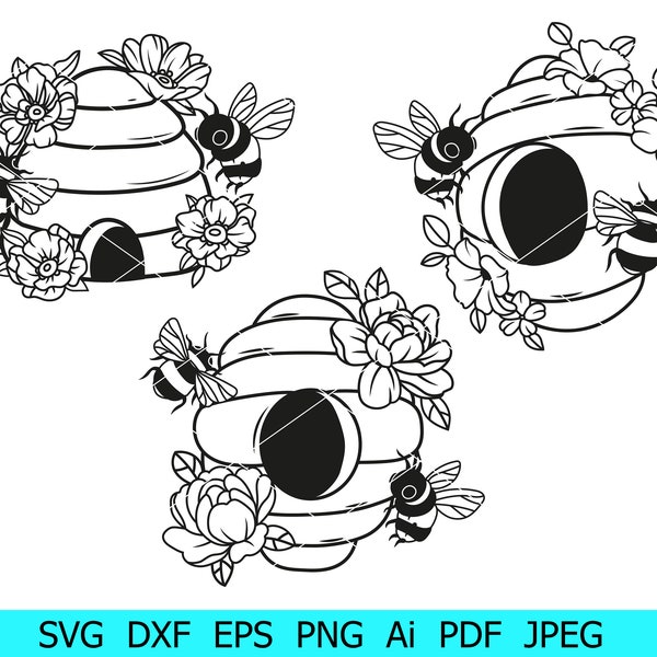 Beehive Svg, Beehive Svg Bundle, Bee Svg, Floral Beehive Silhouette, Beehive and Bees Png, Beehive Vector Files, Honey Svg, Beehive Cutfiles