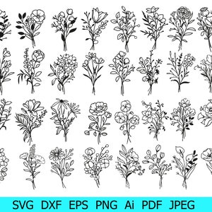 Wildflowers Svg, Flower Png, Flower Svg Bundle, Flower Bouquets Svg, Floral Svg, Flower Sketch Clip Art, Floral Bundle svg, File for Cricut