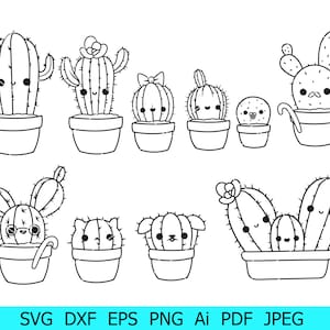 Cactus en una olla png, cactus svg, linda silueta de cactus, archivo de corte de familia de cactus, paquete de cactus svg, kawaii cactus png, cactus svg clipart