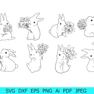 Häschen-Svg, Häschen mit Blumen-Svg, Osterhase-Clip-Art, Häschen-Svg-Silhouette, Tier-Svg, Blumenhasen-Png, Kaninchen-Schnitt-Datei, Osterkaninchen-Svg