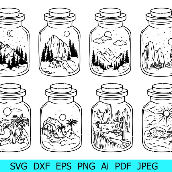 Mason Jar Mountain and Forest, Ocean Svg, Desert Png,Adventure Svg, Camping Svg, Hiking Png, Nature Clip Art,Mason Jar Landscapes Svg Bundle