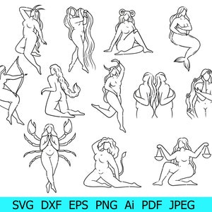 Sterrenbeelden, astrologie wiel SVG, sterrenbeeld SVG, Zodiac meisje PNG, Zodiac meisje bundel SVG, cameo silhouet, vrouw SVG, download voor Cricut