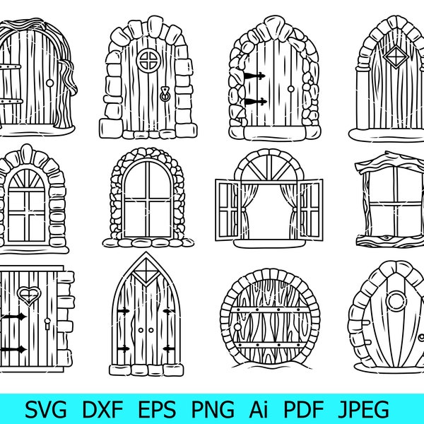 Doors Svg, Window Svg, Fairy Doors Svg, Wooden Doors Bundle, Fairy Windows Clipart, Front Door Clipart, Laser Cutting, Digital Download