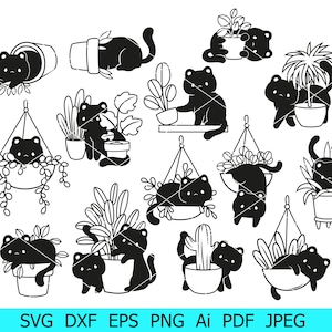 Gato y plantas de interior SVG, gato con plantas png, gato negro svg, silueta de gato png, gatos y cactus archivos cortados, gato en una maceta svg, lindo gato cricat