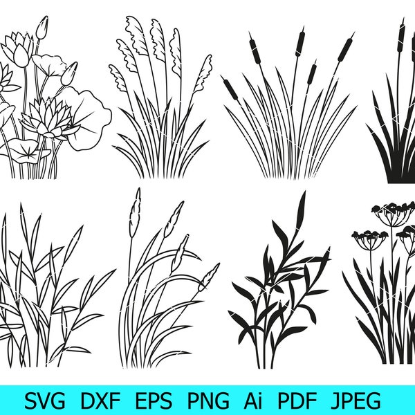 Wildflower Bundle Svg, Flower Meadow Svg, Reeds Png, Nature Download, Reeds Silhouette, Floral Svg, Cut File Cricut, Flower Sketch Svg