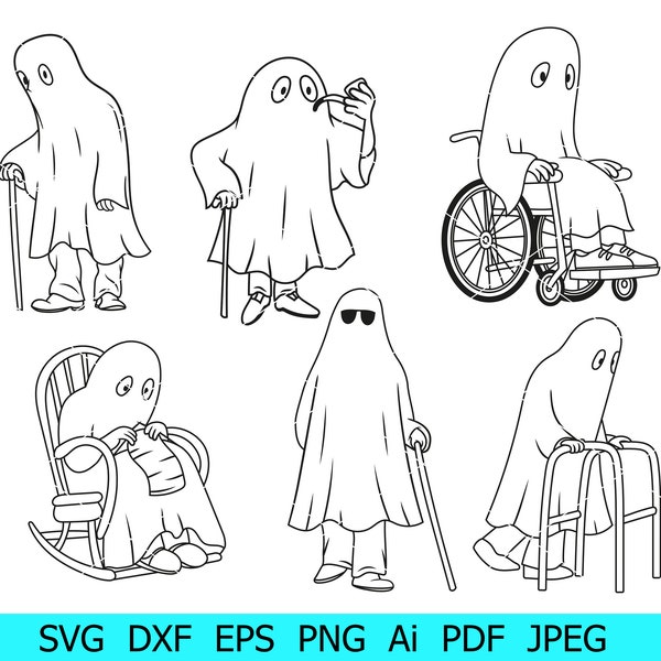 Ghost Disabled Svg, Ghost Bubdle,Blind Ghosts/Ghost in A Wheelchair/Ghost in A Rocking Chair/Ghost Smoking A Pipe Svg, Ghosts Halloween Svg
