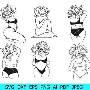 Figura femenina Png, Clip Art de positividad corporal, Paquete de figura femenina Svg, Silueta femenina, Cricat corporal de mujer floral, Chicas de silueta, Cuerpo vectorial
