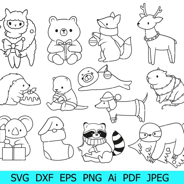 Christmas Animals Svg,Animals Svg, Holiday Png, Christmas Animals Bundle, Christmas Clipart,Christmas Lama/Fox/Deer/Raccoon/Hedgehog Clipart