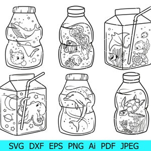 Botella con Pescado Svg, Botella con Delfín Png, Mundo Submarino en un Frasco Cricut, Océano Svg, Stingray en una Bolsa de Cartón Png, Bebidas de Mariscos