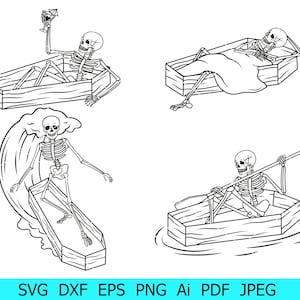 スケルトン SVG、棺桶の中のスケルトン SVG、スケルトン サーフ シルエット、棺桶の中のスケルトンがカクテルを飲む PNG、スケルトン SVG バンドル、ハロウィーン SVG