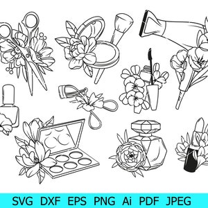 Paquete svg de maquillaje, tijeras florales svg, lápiz labial floral svg, perfume cricat, rímel png, silueta de secador de pelo, marco de herramientas faciales florales svg